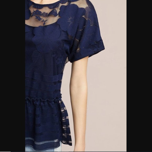 Eva Franco Anthropologie Blue Mesh Floral Peplum Top - Picture 3 of 6